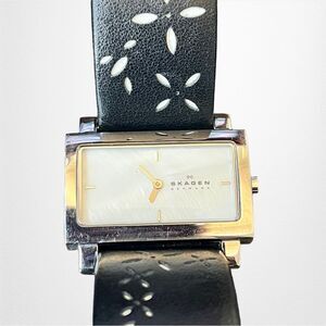 Skagen Black Leather Rectangle Face and Silver Tone Hardware Watch